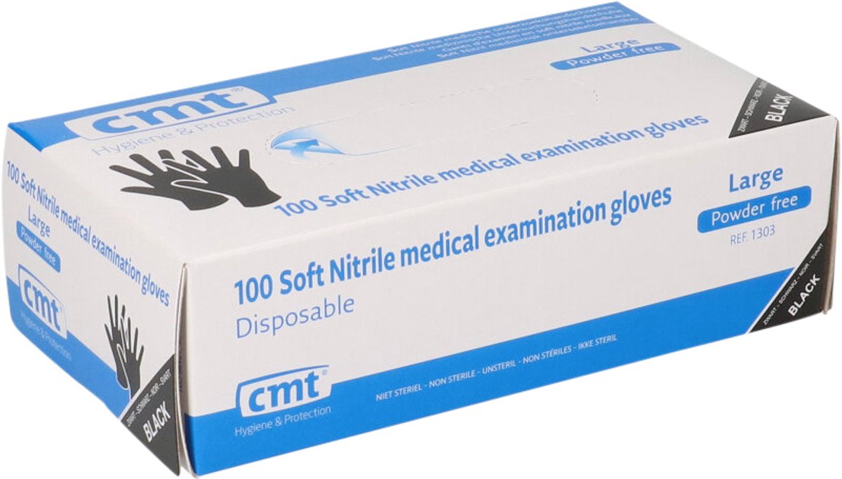Goedkoopste Soft Nitril handschoenen poedervrij Large zwart 10x100/ds - 651303 L