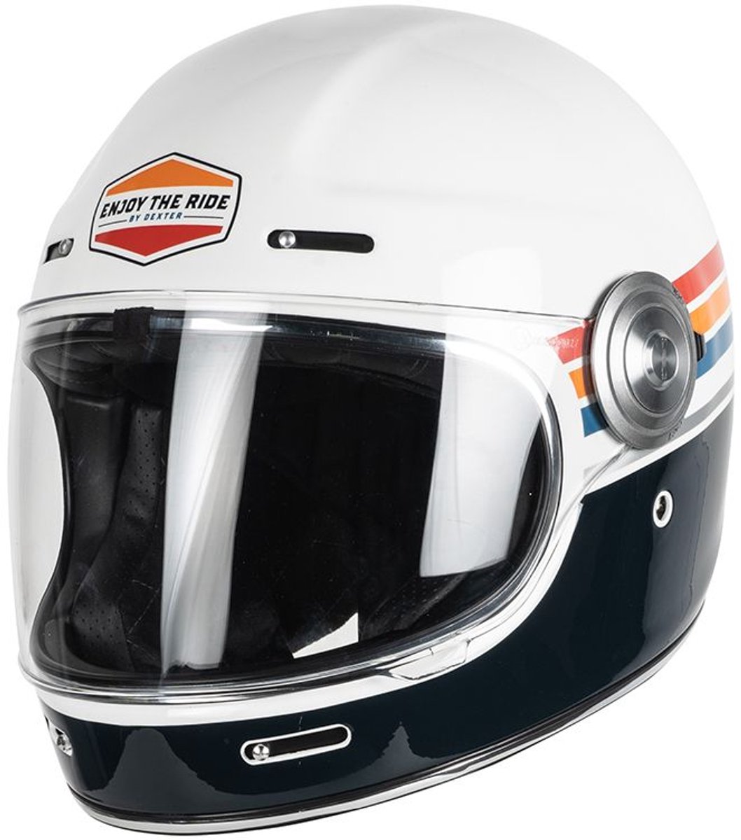 Motor Integraal Helm TANNEN GENIET VAN DE RIT VINTAGE Wit/Blauw petrol XL van MOTOBLOUZ