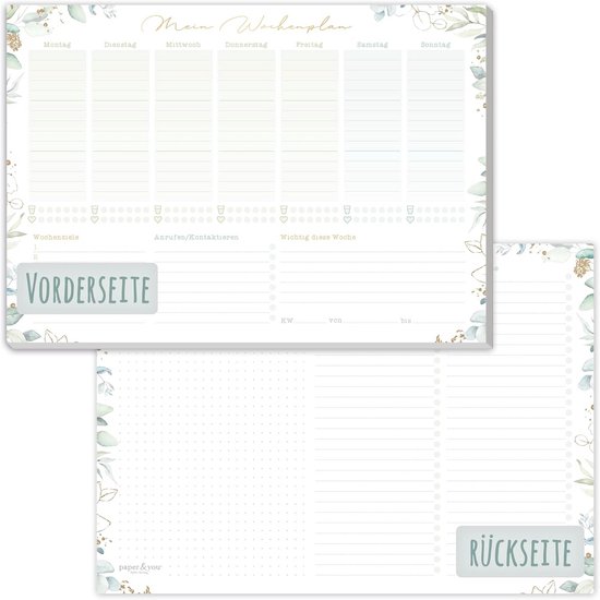 paper&you® weekplanner zonder vaste datum Rainbow 50 vellen - bureaukalender blok liggend ongedateerd incl. afsprakenplanner, gewoonteplanner, to-do lijst, boodschappenlijst, notities - duurzaam