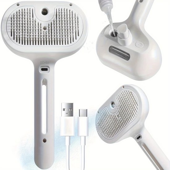 Witte stoomborstel voor huisdieren, met USB-C kabel en waterreservoir.