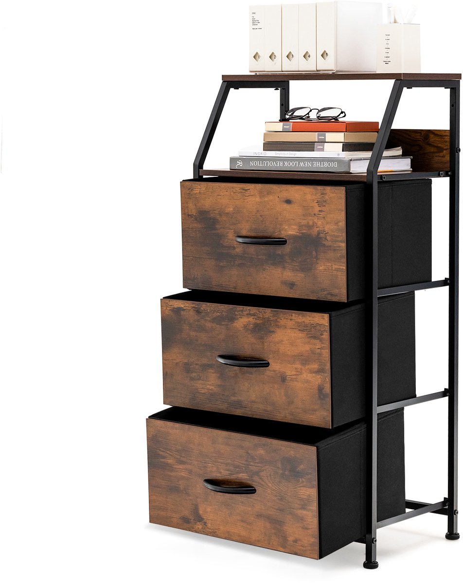 COSTWAY 3-Lade Organisator Eenheid, Vrijstaande Kast Dressoir met Bovenste Plank & 3 Uitneembare Laden, Massief Staal structuur, Opvouwbare lade, Ideaal voor Slaapkamer, Woonkamer, Bruin