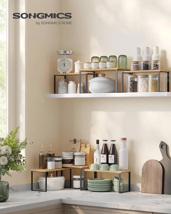SONGMICS Kruidenrekken, Keukenrekken, set van 2, elk met 3 planken, bamboe, uitschuifbaar, stapelbaar, voor pantry, keuken, werkblad, natuurlijk wit KCS016N02