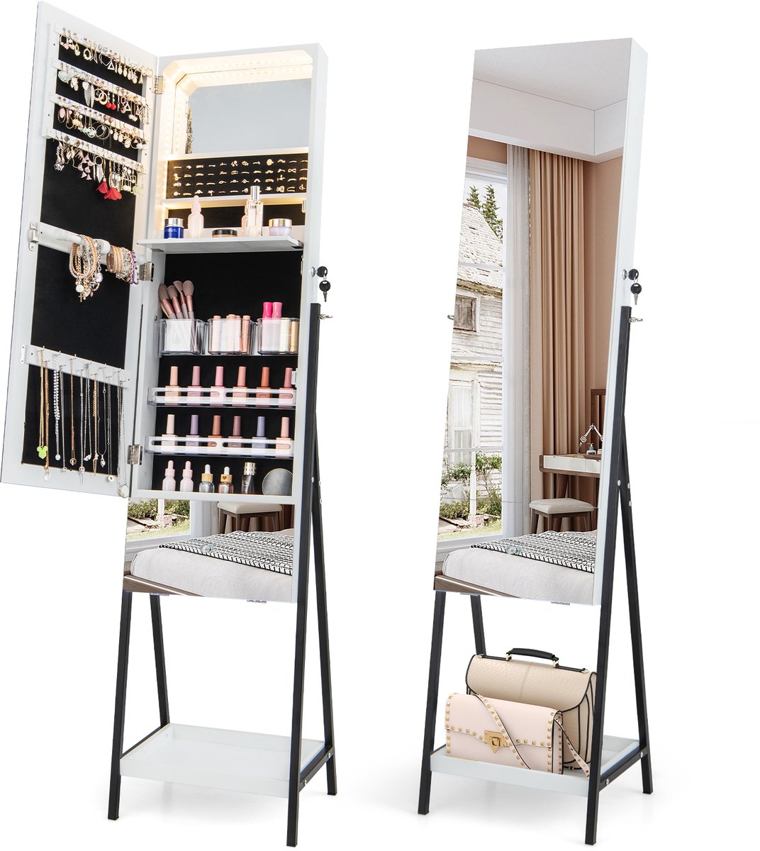 COSTWAY Sieradenkast met spiegel, spiegelkast, afsluitbaar met 3 gekleurde ledverlichting,