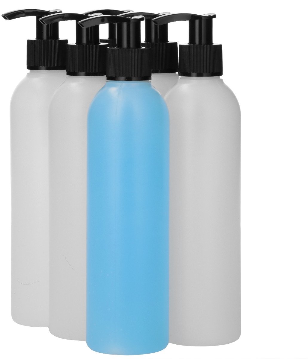 6 x 250 ml ronde fles HDPE naturel + Zeepfles Dispenserpomp zwart - BPA Vrij - Niet Breekbaar - Plastic Flesjes Navulbaar - Met Dop - Lege Flessen - 6 stuks