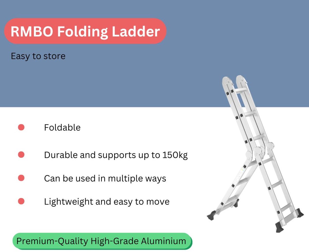 RMBO - Multifunctionele Vouwladder 4x3 - Vouwladder - 3,58 m lang - Compact en Draagbare ladder - 13 standen - Geschikt voor Particulier en Professioneel Gebruik - Max. Belasting 150 kg, EN 131.6 – foto 4