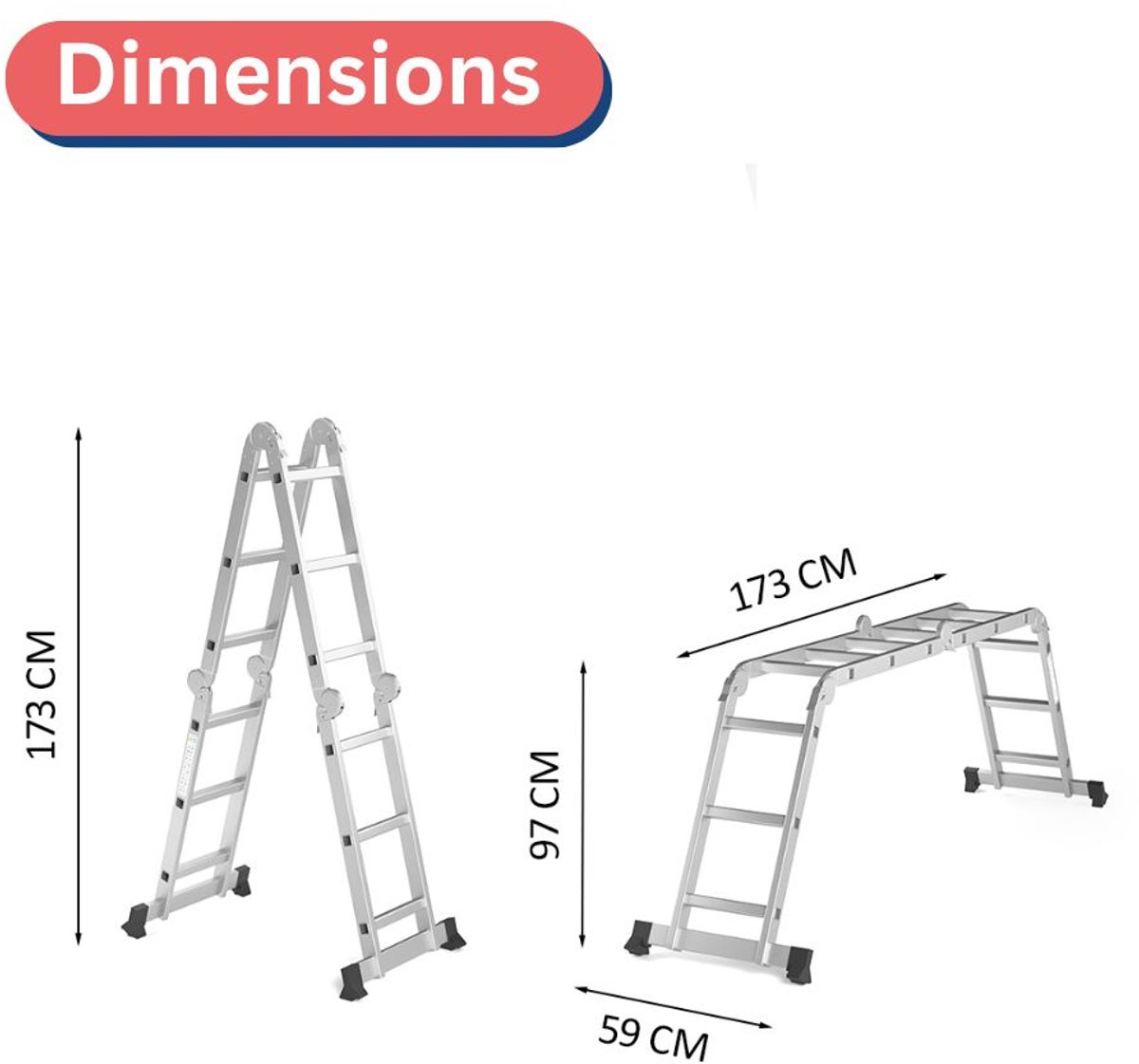 RMBO - Multifunctionele Vouwladder 4x3 - Vouwladder - 3,58 m lang - Compact en Draagbare ladder - 13 standen - Geschikt voor Particulier en Professioneel Gebruik - Max. Belasting 150 kg, EN 131.6 – foto 5