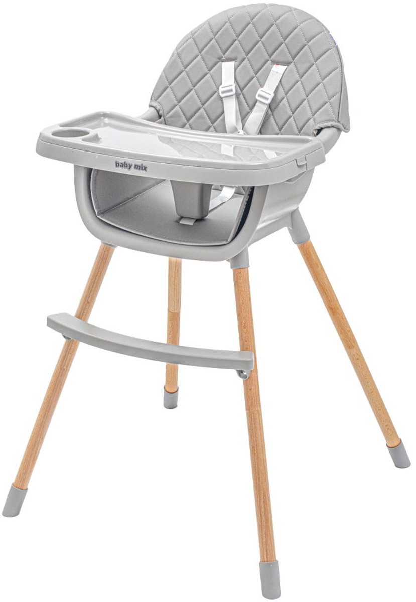 Baby Mix - Eetkamerstoel - Freja, hout, donkergrijs, verstelbaar dienblad - kinderstoel - lage stoel - 5-punts gordel - eco-leer - antislip