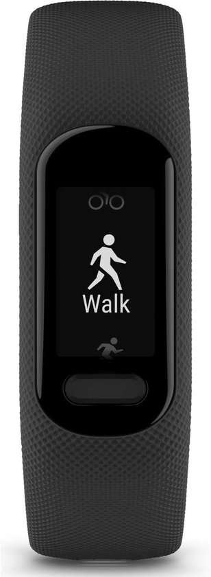 Zwarte activity tracker met scherm dat een wandelicoon en de tekst 'Walk' toont.