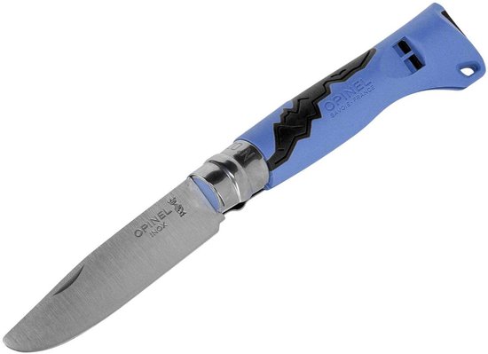Blauw Opinel zakmes met een zwart zigzaggend patroon op het handvat. Het mes is opengeklapt.