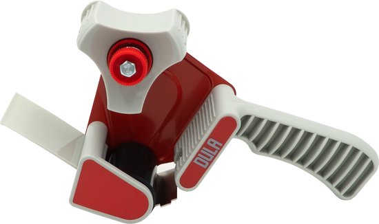 DULA tape dispenser in rood en grijs met gestructureerde handgreep.