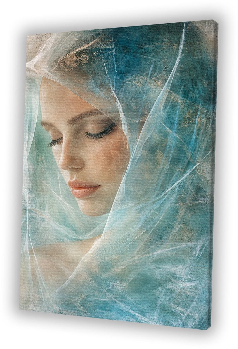 Dromerig portret met sluiers - Mystiek canvas schilderijen - Canvas vrouw - Realistische kunst - Muurdecoratie kinderkamer - Kantoor decoratie - canvas 50x70 cm
