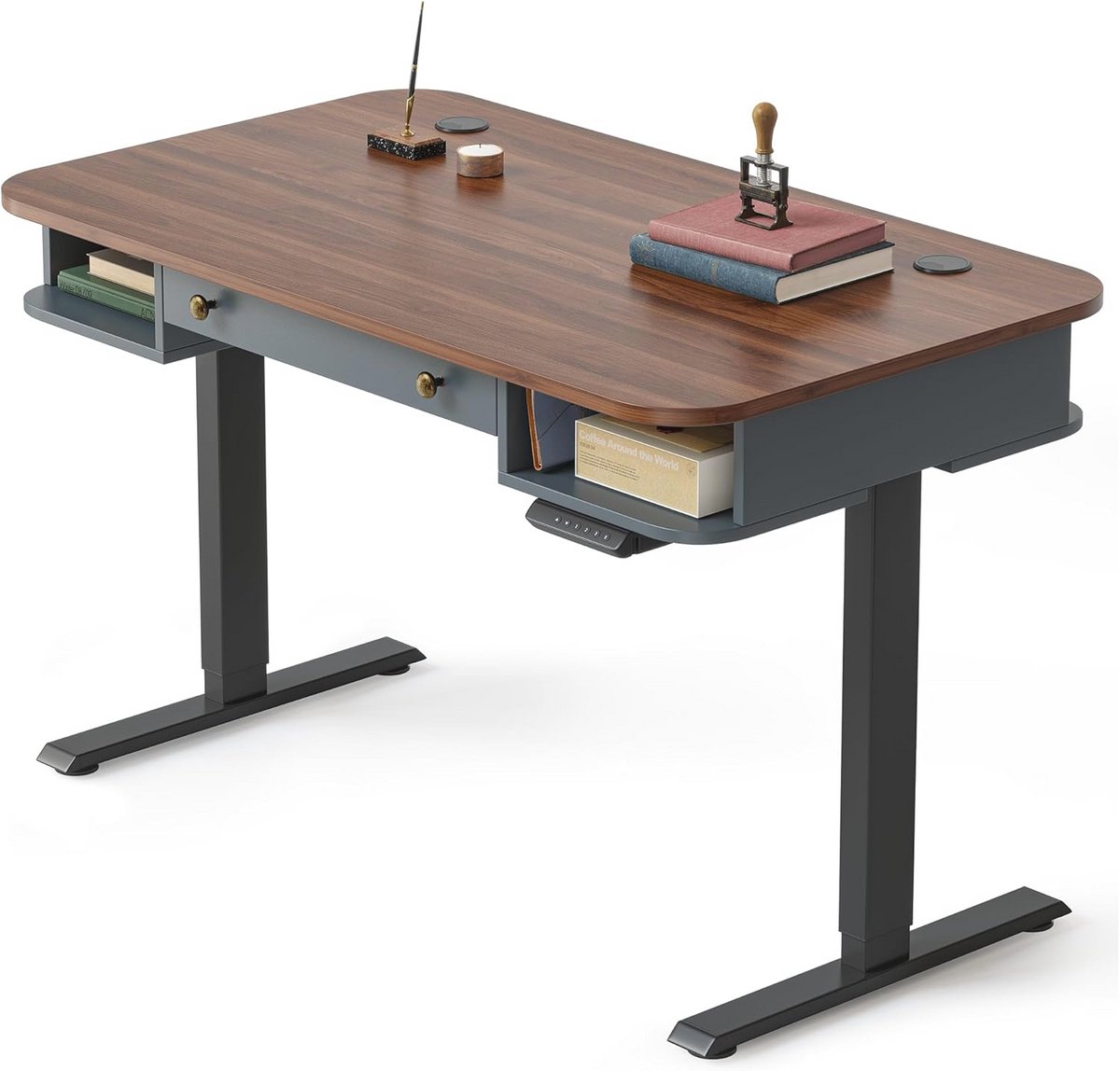 Elektrisch zit-sta bureau met lade en open opbergruimte - 120 x 60 cm