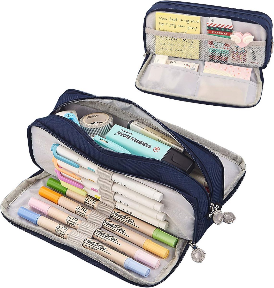 Grote etui met 3 compartimenten voor school en make-up, multifunctionele organizer, donkerblauw