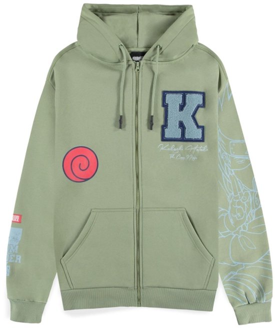 Lichtgroene hoodie met "K" patch, een rode swirl en grafische print op de mouwen.