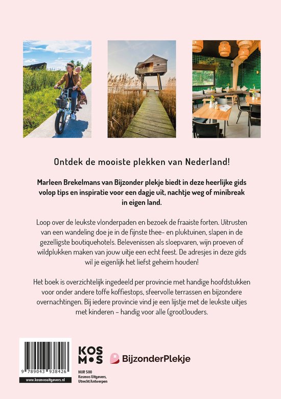 Achterkant van boek "Eropuit in Nederland" met foto's van fietsen, vogelkijkhut en restaurant. "Ontdek de mooiste plekken van Nederland!"