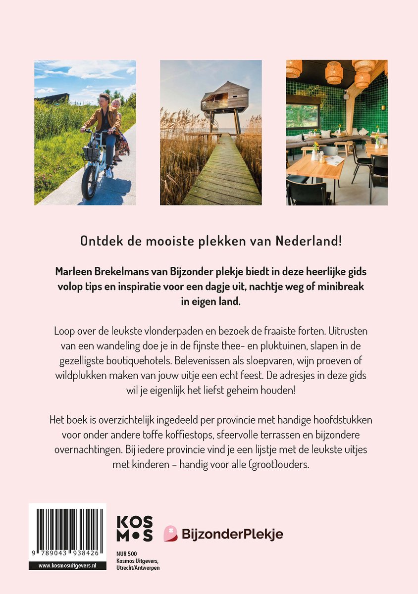 Achterkant van boek "Eropuit in Nederland" met foto's van fietsen, vogelkijkhut en restaurant. "Ontdek de mooiste plekken van Nederland!"