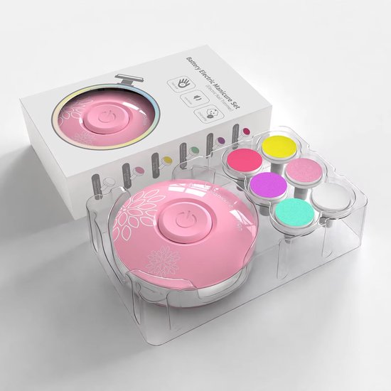 Roze elektrische nagelvijlset met zes slijpkoppen in een doorzichtige verpakking.