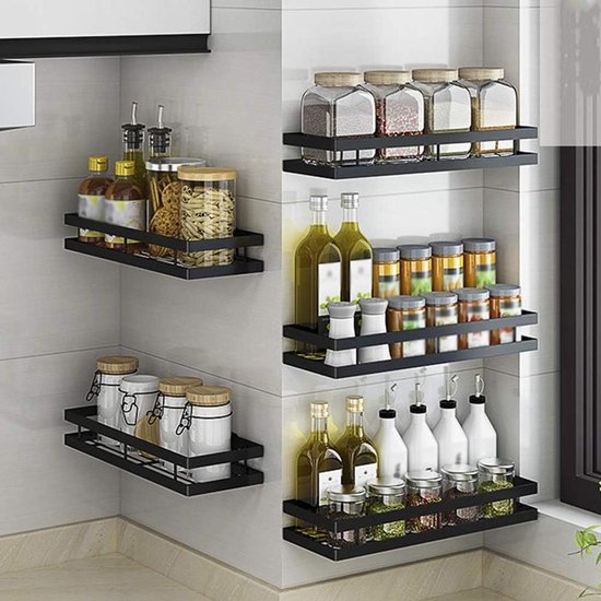 Spice Rack Without Drilling - Black Metal Wall Rack for Hanging Morden ...