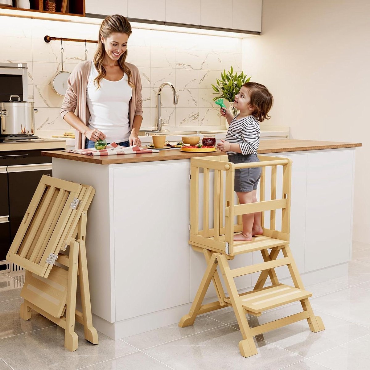 1 jaar inklapbare Montessori leertoren voor kinderen - Ruimtebesparende keukenhulp voor keuken en eettafel - 1-6 jaar opvouwbare leertoren