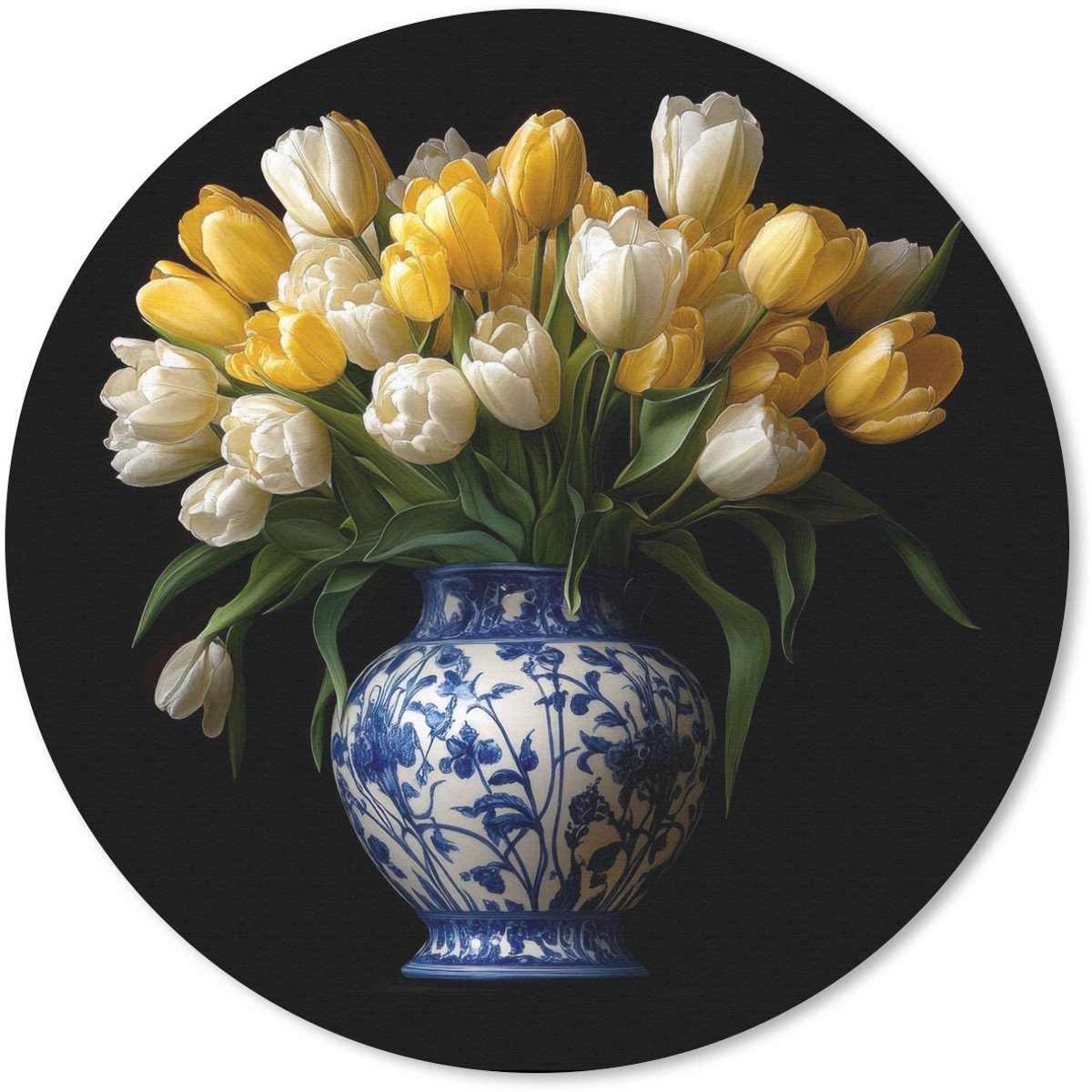 Muismat rond 30x30 cm - Mousepad Geel - Tulpen - Vaas - Bloemen - Ronde muismatten