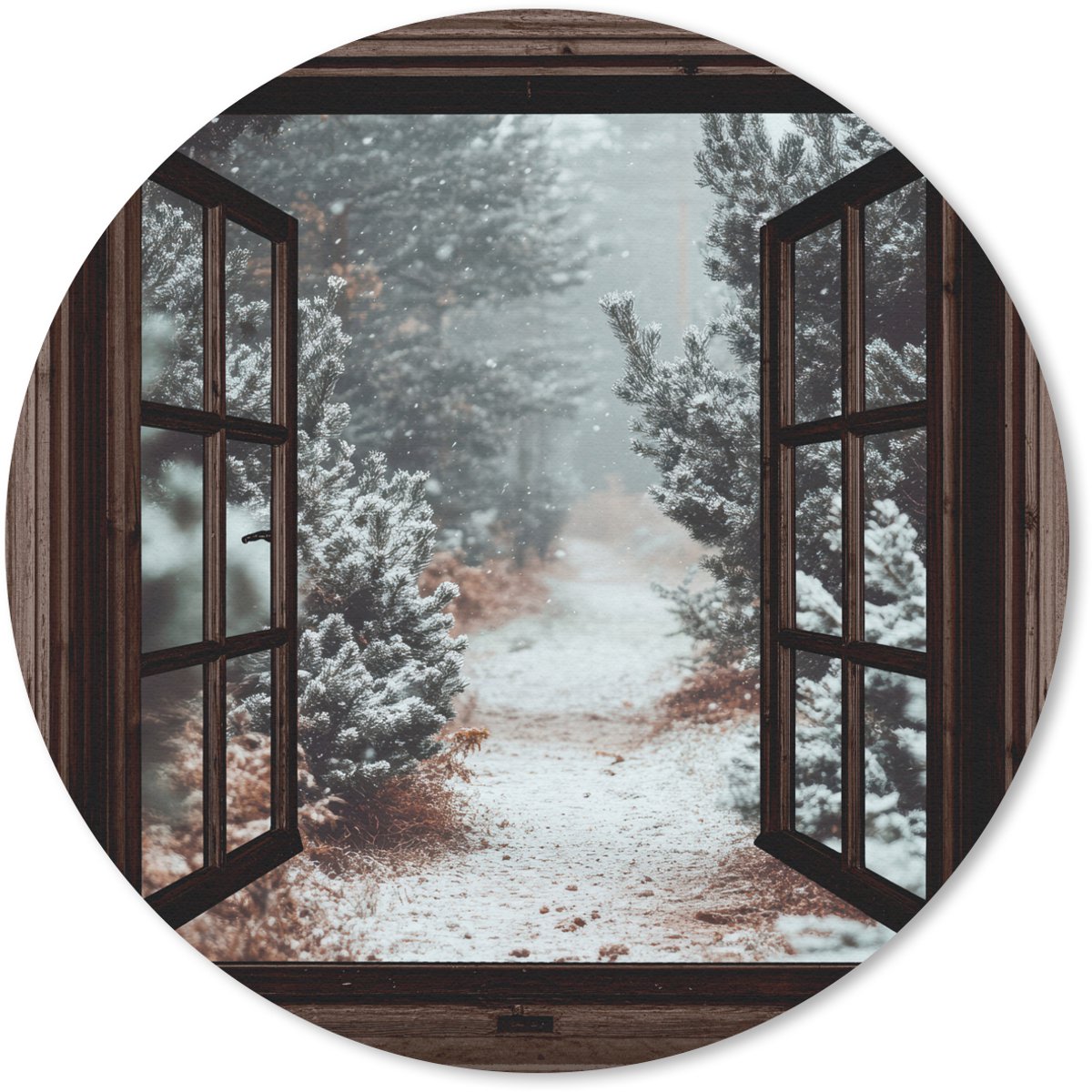 Muismat rond 40x40 cm - Mousepad Bos - Winter - Bomen - Natuur - Pad - Doorkijk - Ronde muismatten