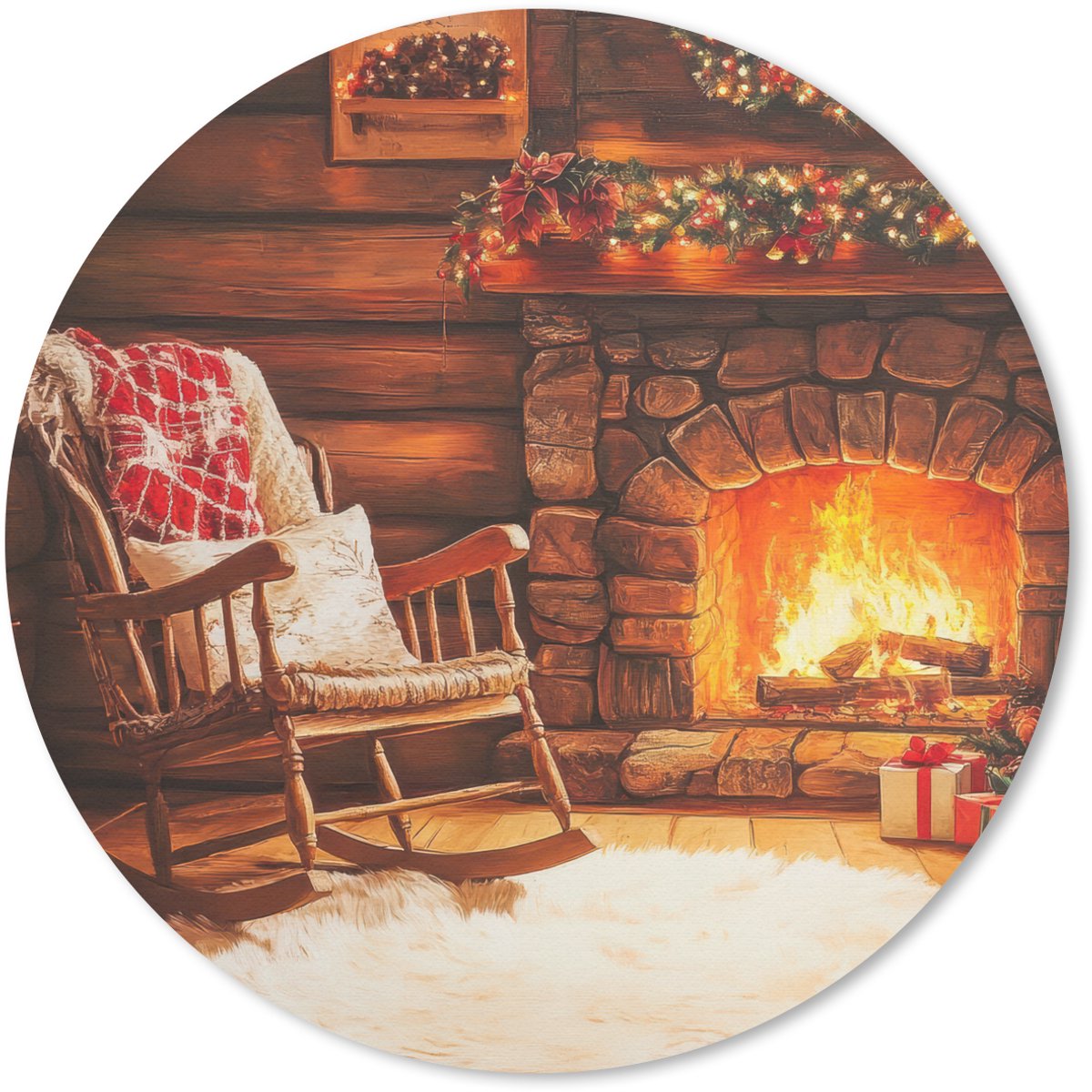 Muismat rond 50x50 cm - Mousepad Winter - Kerst - Huis - Openhaard - Ronde muismatten