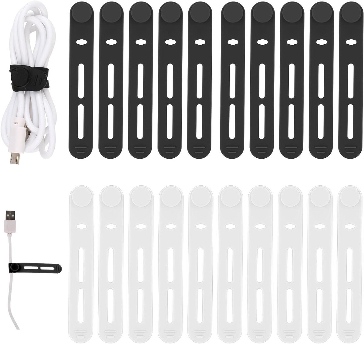 20 stuks verstelbare siliconen herbruikbare kabelbinders - multifunctionele kabelriemen voor oplaadkabels, oortelefoon, computer, bureau kabelbeheer en reisaccessoires.