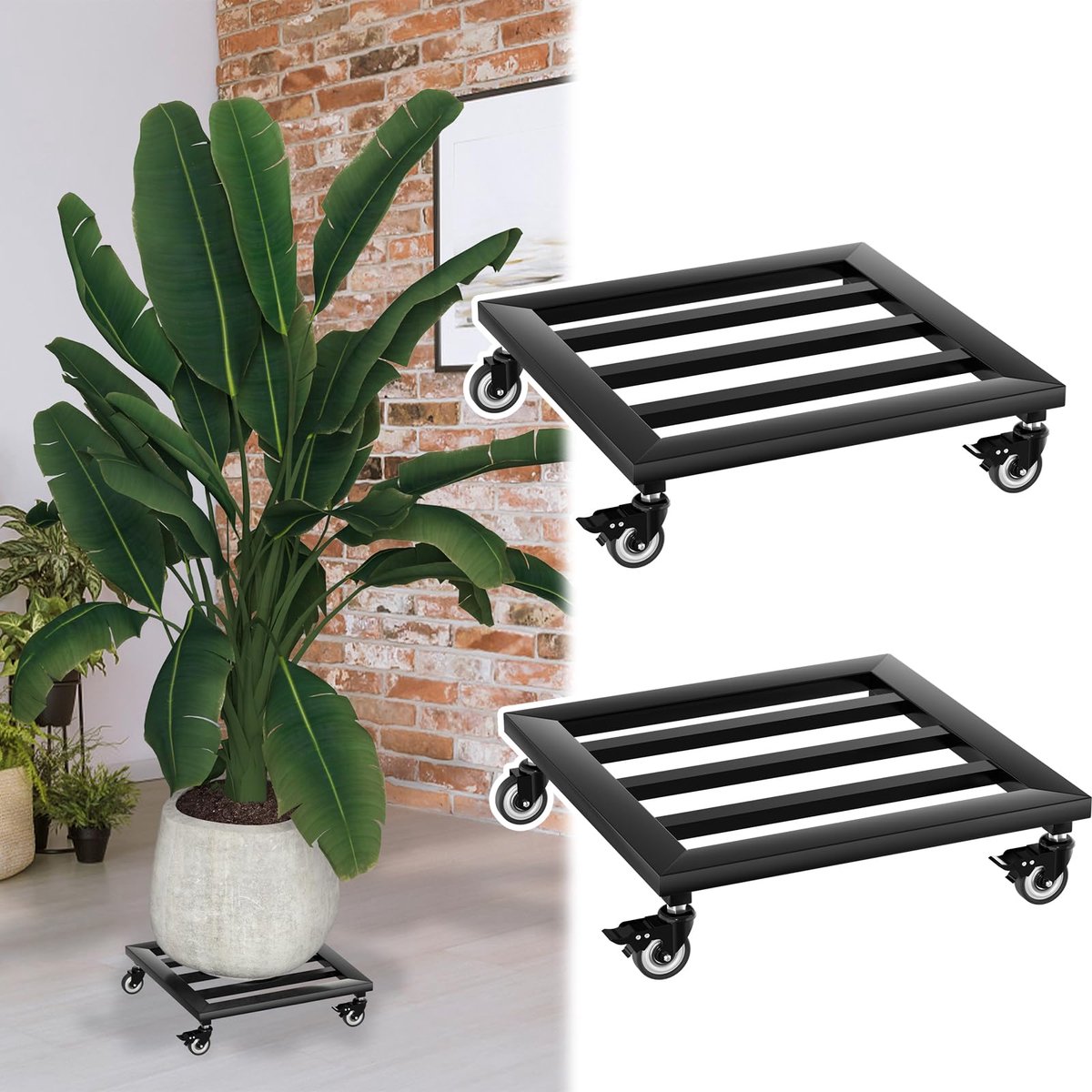 NAIZY Plantenrolwagen, 2 Stukken, Plantenrolplank 30x30 cm, Vierkant Bloempot Onderzetter Met 4 Rollen, Bloemenrolwagen, Dragkracht 160 KG, Voor Buiten-En Binnen (Type A)
