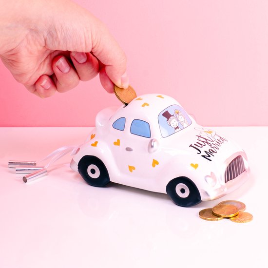Out of the Blue - Spaarpot voor volwassenen - Just Married - keramiek - trouwauto - wit - 16 x 8 cm