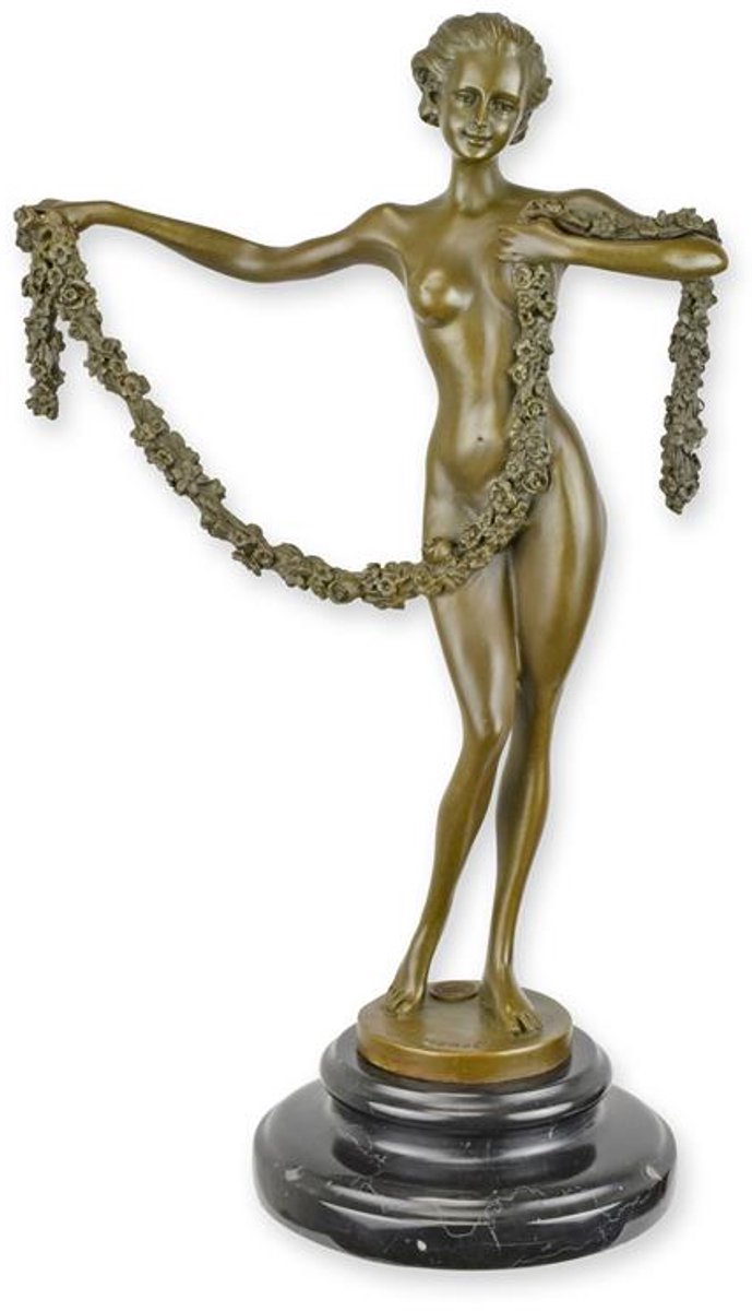 Naakte vrouw met bloemenslinger - Bronzen beeld - sculptuur - 35,6 cm hoog