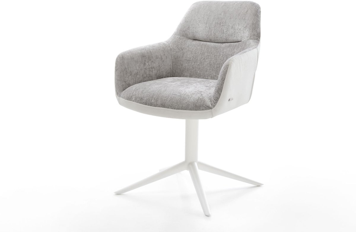 Eetkamerstoel Pejo-Flex kruispoot wit materiaalmix echt leer wit-zilver grijs 360° draaibaar rocker-functie pocketveer kern