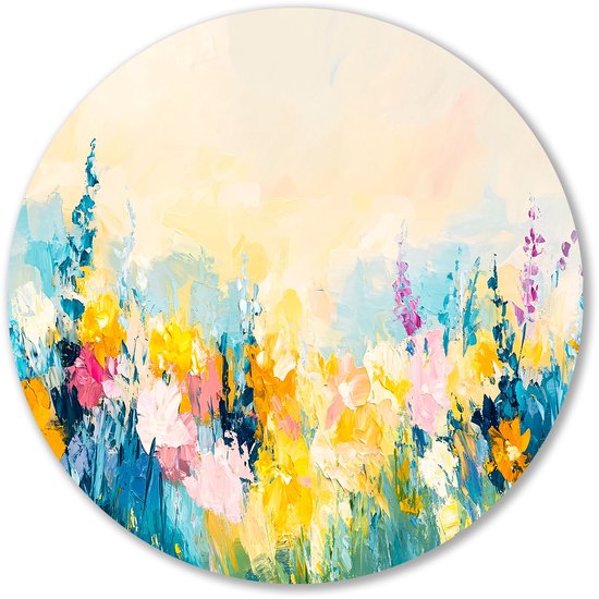 Abstract bloemenveld in zomerse tinten - Bloemen muurcirkels - Wandschaal natuur - Impressionisme - Muurcirkel van aluminium - Landelijke muurdecoratie - Muurcirkel aluminium 60x60 cm
