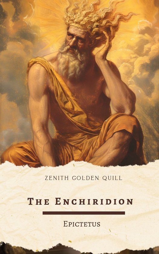 De Gouden Veer - The Enchiridion, geschreven door Epictetus. Een zittende, bebaarde man met een gouden gewaad en een gouden gloed.