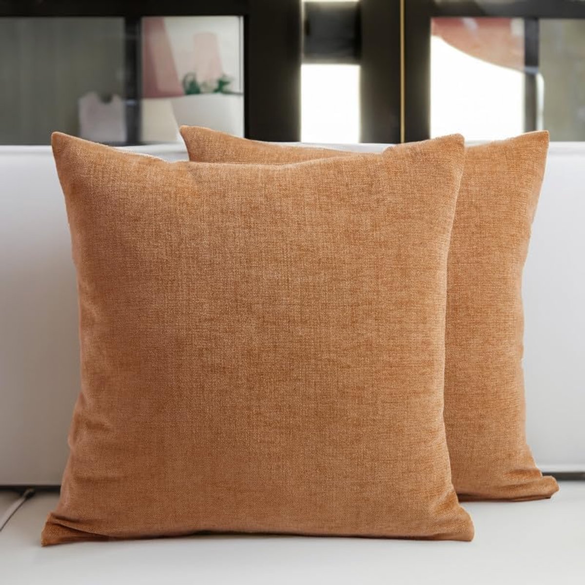 Ibenzoa Zachte Chenille Kussenhoezen Set - 2 Stuks, 50 x 50 cm, Peach Kleur bruin