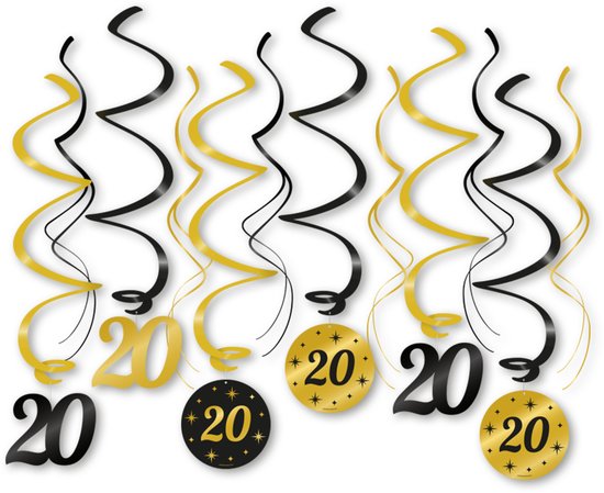 LUQ – Swirls 20 Jaar – Zwart-Goud – Luxe Hangdecoratie – Twenty & Shiny – Birthday Slingers Versiering – 12 Stuks