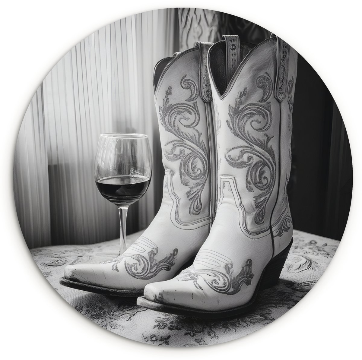 WallCircle Wandcirkel 30x30 cm - Muurcirkel Wijn - Cowboylaarzen - Raamlicht - Wit - Muurdecoratie woonkamer - Wanddecoratie slaapkamer - Kamer decoratie accessoires - Ronde schilderijen Cowboylaarzen - Wijn