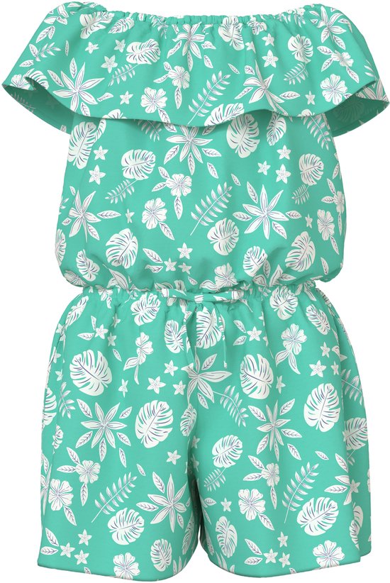 Playsuit met ruches en groen-wit tropisch bladerenpatroon.