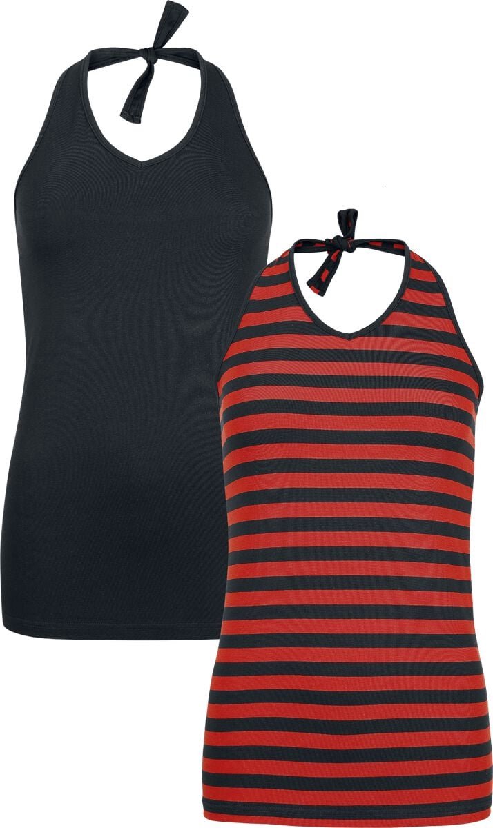R.E.D. Rock-Engineered Design Zwart/rood gestreepte haltertops in een dubbele verpakking - Dames - XL