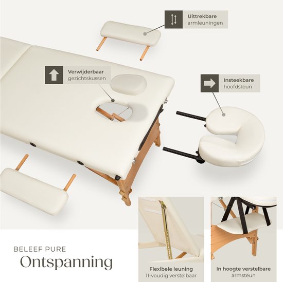 tectake® Draagbare Massagetafel - 3 Zones - Opvouwbaar en Verstelbaar - Voor Massage, Fysiotherapie en Tattoo - Incl. Draagtas - Beige