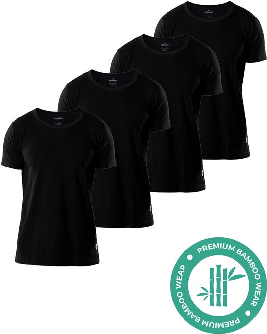 SQQUADD® Bamboe T-Shirt Heren - Regular fit - Ronde hals - Maat L - 4-pack - Zijdezacht en Ademend - Anti Zweet T-Shirt - Ondershirt Heren - Zwart