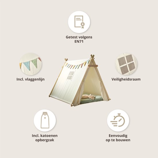 Overzicht van de tipi tent met afmetingen, informatie over het testen, de vlaggetjes, het veiligheidsraam, de katoenen opbergzak en de eenvoudige montage.