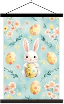 Posterhanger incl. Poster 60x90 cm - Schoolplaat - Konijn - Eieren - Takjes - Textielposter - Zwarte latten