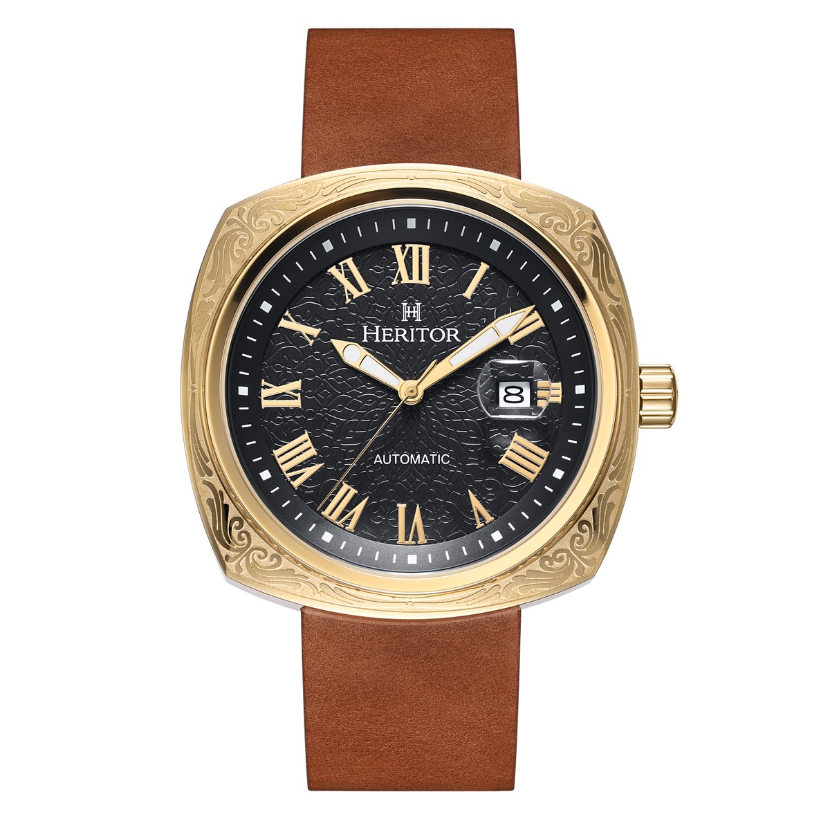 Heritor Automatic Davenport horloge met gegraveerde kast, leren band en datum - goud-bruin