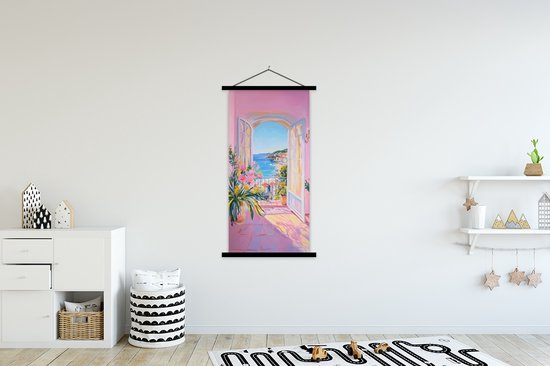 Posterhanger incl. Poster 90x180 cm - Schoolplaat - Roze - Buiten - Verf - Textielposter - Zwarte latten