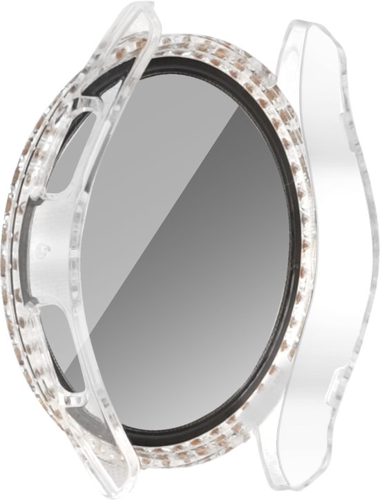 Transparante hoes met glitterrand, rond de rand van een smartwatch.
