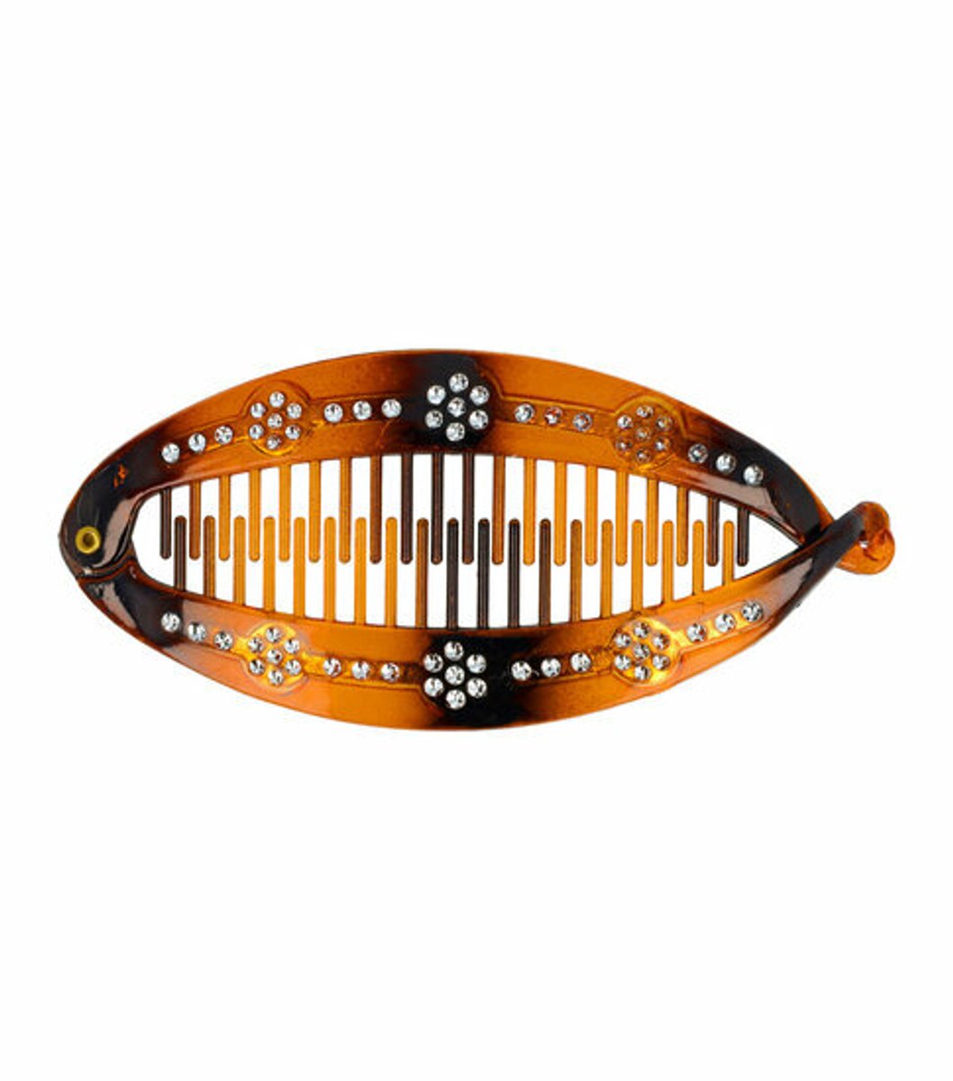 Haarsoires Haarspeld Bananenklem 14cm - Staartklem - Strass Steentjes - Bruin - Haarclip - Langwerpige Staart Haarklem - Banana Clip - Hair Clip - Decoratieve Haaraccessoire