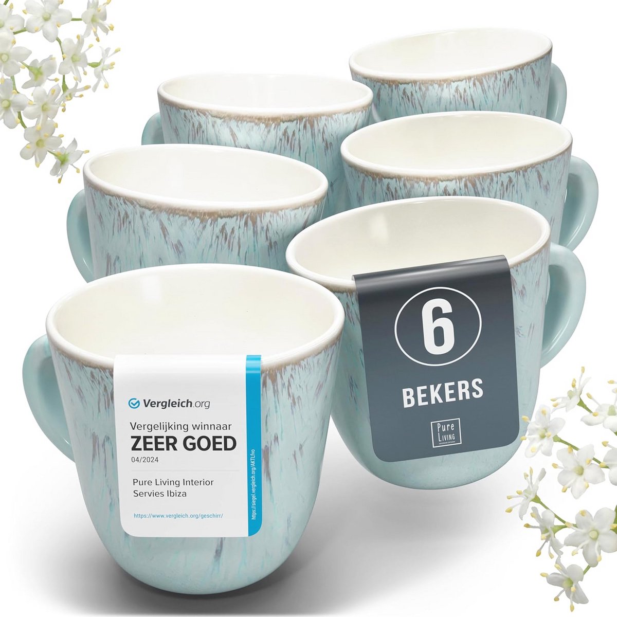Image of 6-delige Koffiemokken Set - Steengoed Vaatwasser- en Magnetronbestendig - Elegante Thee- en Koffiebekers in Licht Beige-Blauw