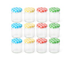 80 ML - Set van 12 Mini Glazen Potjes met Geruite Deksels – Ø 5 × H 7 cm – Bewaar-, Inmaak- & Cadeaupotjes
