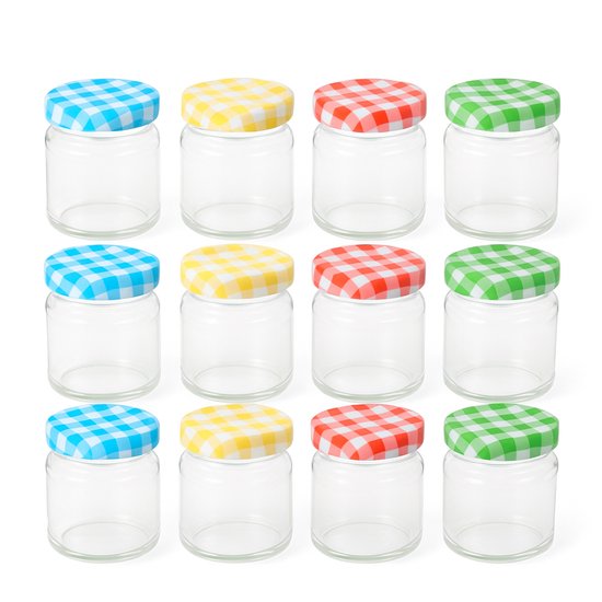Set de 12 Mini bocaux en Verres avec Couvercles à carreaux – 80 ml – Ø 5 × H 7 cm – Bocaux de conservation, de conservation et de cadeaux