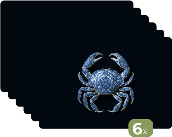 Placemats - 6 stuks - 45x30 cm - Placemat kunststof - Krab - Delfts blauw - Dieren - Borden onderleggers - Decoratie voor op tafel - Keuken tafeldecoratie accessoires - Vinyl onderlegger - Tafelversiering